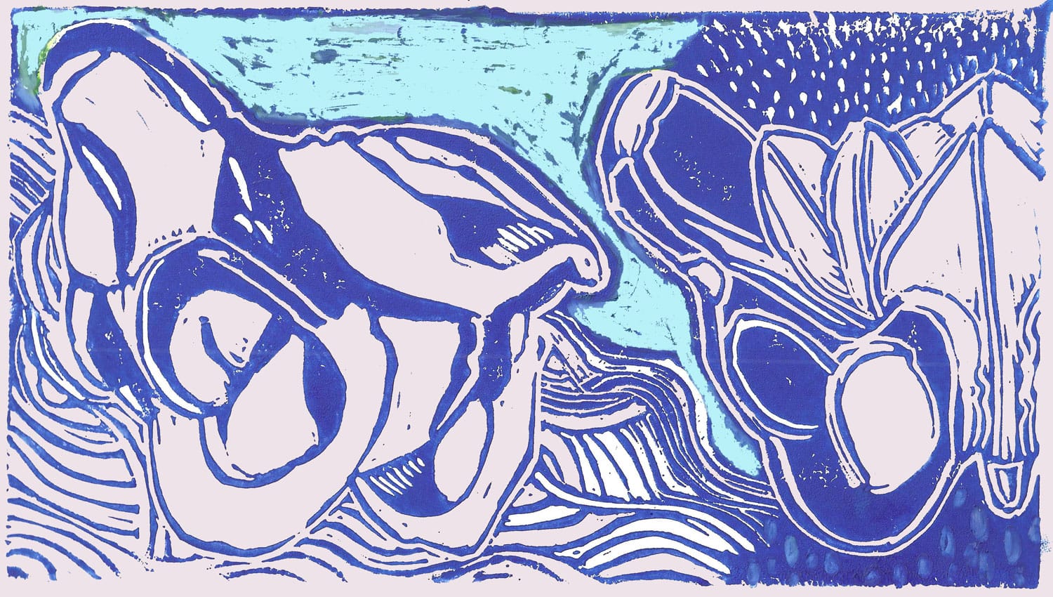 "HIPbones" block print of two female pelvises with a lotus flower in one, some blue color from oil pastel, purple inks some blue background and waveforms